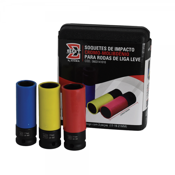 JOGO DE SOQUETES DE IMPACTO 1/2" LONGOS PARA RODAS DE LIGA LEVE (17/19/21MM) - CR-MO
