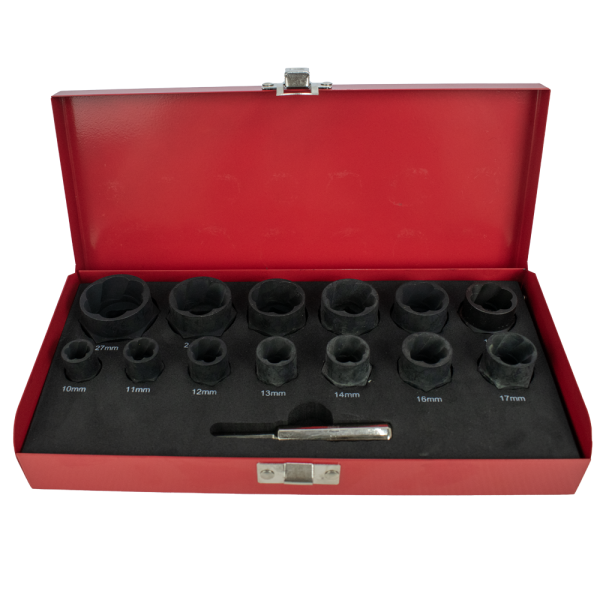 KIT EXTRATORES DE PARAFUSOS E PORCAS DANIFICADAS (10MM A 27MM) - 14 PEÇAS